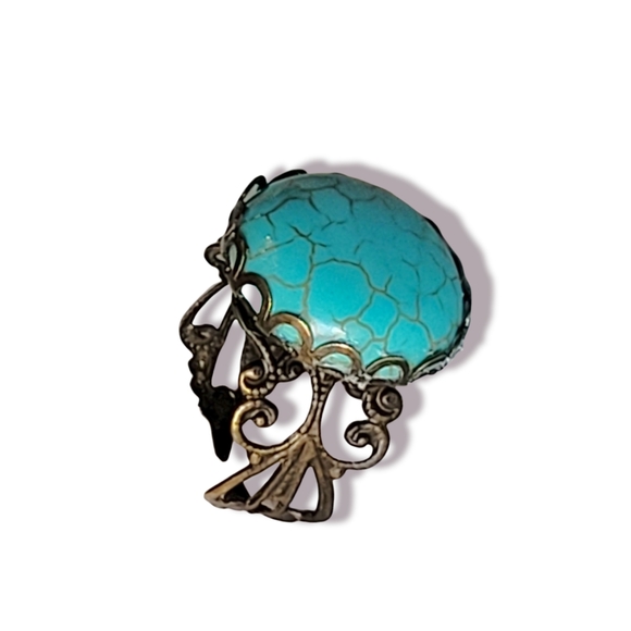 Turquoise Victorian Style Cabochon French Copper Filigree Ring, 8 - Picture 3 of 8